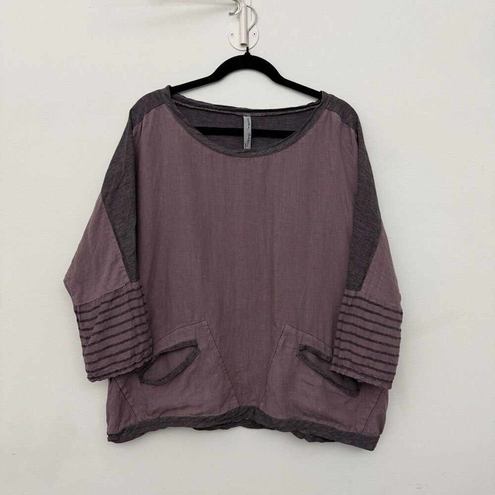 Cynthia Ashby 100% Linen Tunic Top Purple Striped Sleeves OS